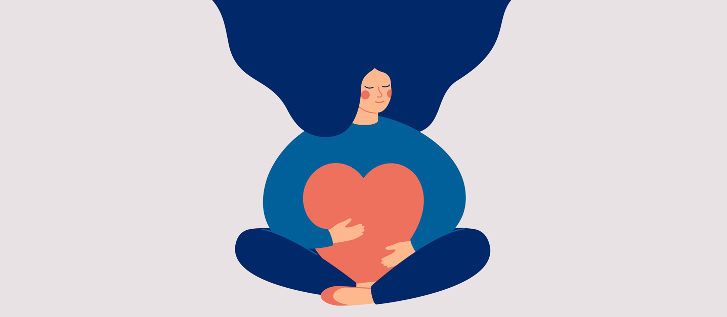 Illustration of woman hugging a heart shaped pillow